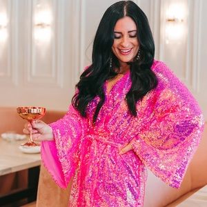 Buddy Love LYNLEE SEQUIN WRAP DRESS-TAFFY Hot Pink Sequin Bell Sleeve Wrap Dress